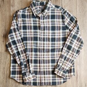 Eddie Bauer Men's Plaid Button-Down Shirt in Green, White, and Orange Plaid